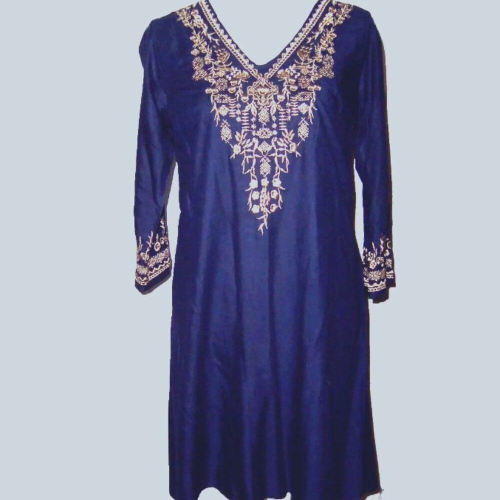 Lapogee Women's Navy Blue Embroidered Shift Dress – Kaftan Style, Medium